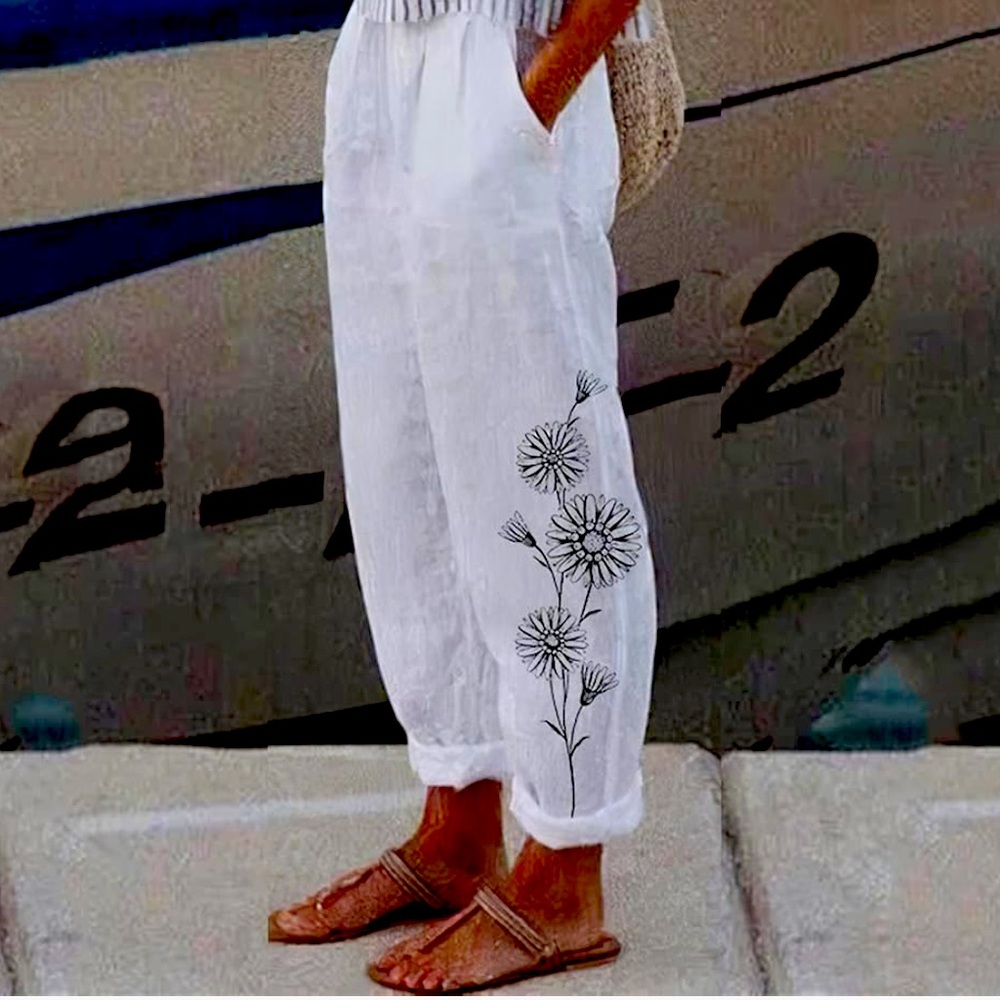 New Cotton Linen Floral Pants M